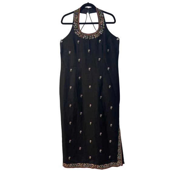 Kenar Halterneck Embroidered Maxi Dress with a Slit on the Left Side Black Sz 16 - Picture 3 of 12